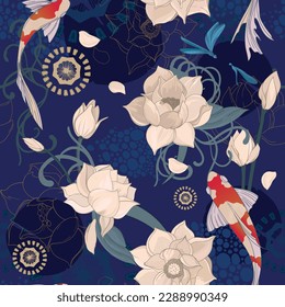 Lily and koi fish seamless pattern. Vector format.