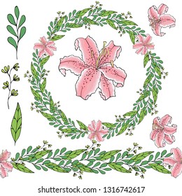 Lily and leaf endless horizontal brush. Beautiful wreath of lily and leaves with elements of wreath on white background