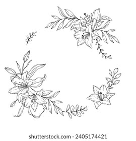 Lily Line Drawing. Black and white Floral Frames. Floral Line Art. Fine Line Lily illustration. Hand Drawn Outline flowers. Botanical Coloring Page. Wedding invitation flowers