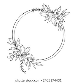 Lily Line Drawing. Black and white Floral Frames. Floral Line Art. Fine Line Lily illustration. Hand Drawn Outline flowers. Botanical Coloring Page. Wedding invitation flowers