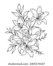 Lily Line Drawing. Black and white Floral Bouquets. Flower Coloring Page. Floral Line Art. Fine Line Lilies illustration. Hand Drawn flowers. Botanical Coloring. Wedding invitation flowers