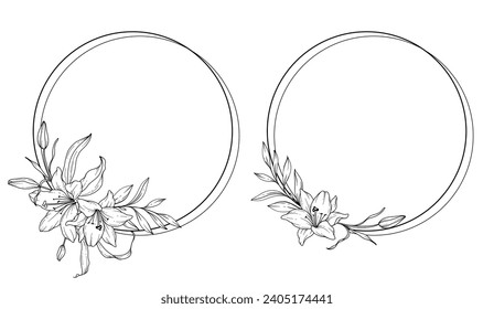 Lily Line Drawing. Black and white Floral Frames. Floral Line Art. Fine Line Lily illustration. Hand Drawn Outline flowers. Botanical Coloring Page. Wedding invitation flowers