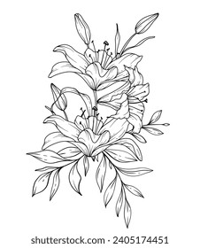 Lily Line Drawing. Black and white Floral Bouquets. Flower Coloring Page. Floral Line Art. Fine Line Lilies illustration. Hand Drawn flowers. Botanical Coloring. Wedding invitation flowers