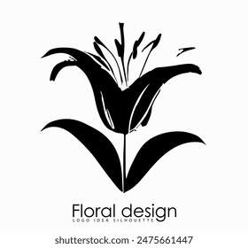 Logo de Lily, dibujado a mano. Símbolo blanco y negro, flor aislada, icono de arte.	