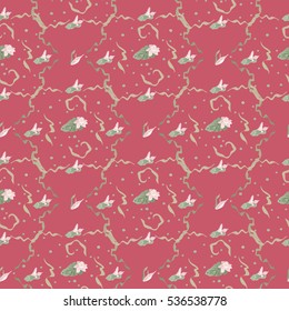 Lily, lotus flowers leaves and pads grow among air bubbles. Vector seamless pattern on red background.