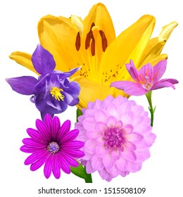 Lily low poly. Beautiful fragrant flower. Wonderful Flower. Elements for label design. Vector illustration. Lily in triangulation technique. 