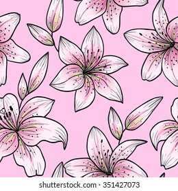 Lily on a pink background.Vector seamless pattern 