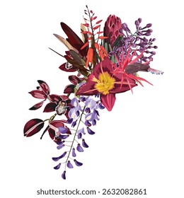 Lily, orchid, protea, lilac fall garden flowers, eucalyptus, greenery vector design. Wedding autumn dried floral bouquet. 