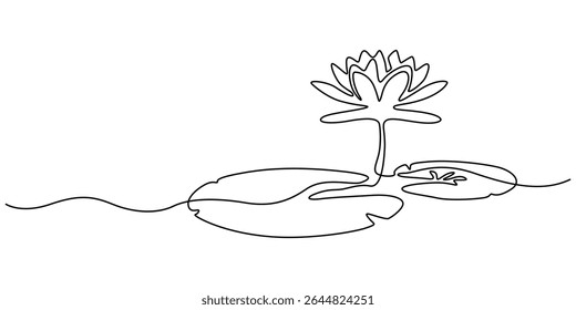 Lily pad desenho contínuo de uma linha, Flor de Lótus Mínima com Lily Pads Projeto Vetor de Desenho de Uma Linha, Desenhos de contorno de plantas de lírio de água em lagoa, almofadas de folha. Conjunto de folhas de lótus em estilo de esboço.