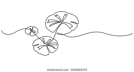 lily pad continuous one line drawing, Minimal Lotus Flower with Lily Pads One Line Drawing Vector Design, Outline drawings of water lily plants in pond, leaf pads. Set of lotus leaves in sketch style.