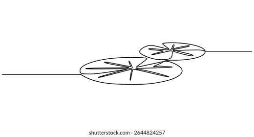 Lily pad desenho contínuo de uma linha, Flor de Lótus Mínima com Lily Pads Projeto Vetor de Desenho de Uma Linha, Desenhos de contorno de plantas de lírio de água em lagoa, almofadas de folha. Conjunto de folhas de lótus em estilo de esboço.