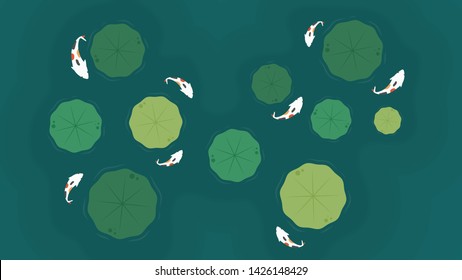 Lily pad pattern. wallpaper. free space for text. background. poster. Koi fish vector.