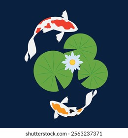 Lily pad pattern. wallpaper. free space for text. background. poster. lotus flower. Koi fish