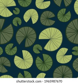 Lily Pad seamless vector repeat pattern texture. Modern, aesthetic abstract, illustrated, organic hand drawn design with light and dark green lotus leaves in a pond with a navy blue background. 