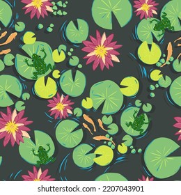 Lily pads and frogs vector seamless repeat pattern.