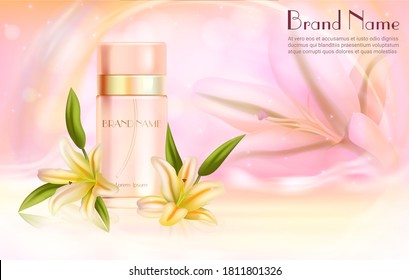 Ilustración vectorial del perfume de Lily. Frasco de perfume de aroma realista y flores de lirio natural, aromatizante de loto de cuidado de la piel, producto cosmético aromático con fondo de aroma natural
