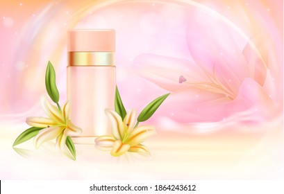 Ilustración vectorial del perfume de Lily. Frasco de perfume de aroma realista y flores de lirio natural, aromatizante de loto de cuidado de la piel, producto cosmético aromático con fondo de aroma natural