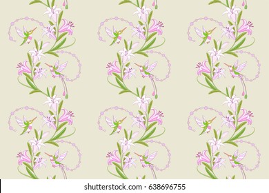 Lily pink flowers and hummingbird seamless pattern.