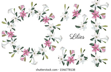 Lily. Pink and white wedding flowers. Festive Wreath. Seamless pattern brush. Valentine's day. Set of isolated elements on a white background. Vector stock illustration.