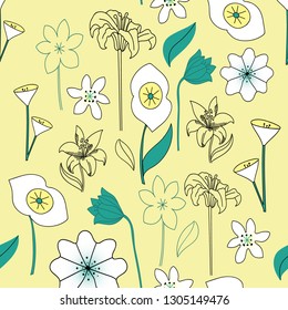 Lily plants hand drawn color vector seamless pattern. Flowers cartoon texture. Flat illustrations. Lilies sketch clipart. Outdoor plants doodle background fill