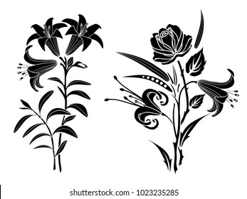 Lily and rose tattoo. Black silhouette of flowers and leaves on a white background.