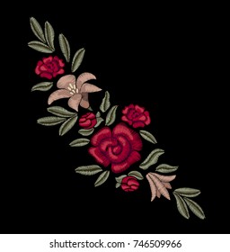 Lily and roses. Embroidered flowers.