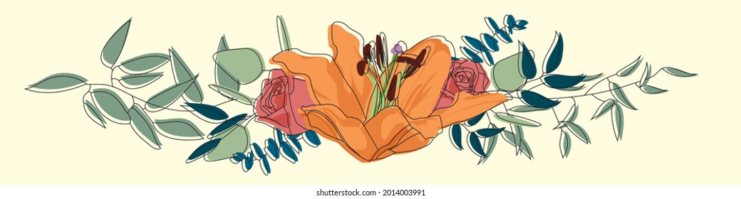 Composición de lirio y rosas rectas y follaje delicado variado en tonos de hojas verdes, grises y azules. Ilustración vectorial floral. Pintura de diseño de bodas. Disposición de flores y hojas