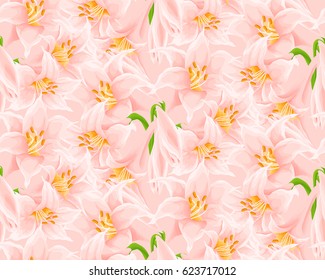 Lily seamless pattern with flowers on pink background.