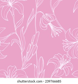Lily Seamless Pattern. Hand Drawn Outline Floral Ornament. Flowers on pink background. Digital or Wrapping Paper.