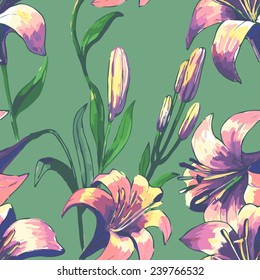 Lily Seamless Pattern. Hand Painted Floral Ornament. Watercolor Flowers. Digital or Wrapping Paper.