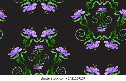 Lily seamless pattern, on black background in light violet color, creative hand draw vector background, floral texture, botanical Liliaceae. 