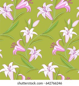 Lily seamless pattern on green background.

