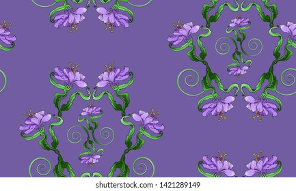 Lily seamless pattern, on purple background in light violet color, creative hand draw vector background, floral texture, botanical Liliaceae. 