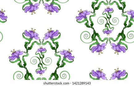 Lily seamless pattern, on white background in light violet color, creative hand draw vector background, floral texture, botanical Liliaceae. 