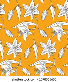 Lily seamless pattern: orange background with monochrome black and white flower. vector illustration