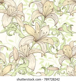 Lily seamless pattern for wallpaper, website or textile printing Hand drawn endless illustration of flowers on light background of curled leaves