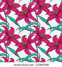 Lily seamless vector pattern on light background.