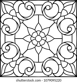 Lily square design, stained glass window template, vector