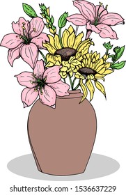 Lily and sunflowers in a vase vector .