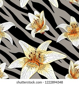 Lily tiger type on gray tiger skin pattern seamless vector