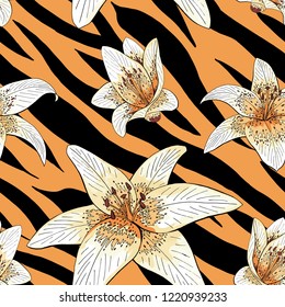 Lily tiger type on orange tiger skin pattern seamless vector. Highlight background or gift box paper template.