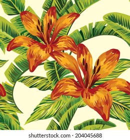 lily and tropical leaves painting seamless background
