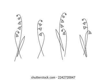 Lily valley branch colorless black contour line drawing tattoo flower, nature, botany. Minimalist contour drawing. One line artwork. Editable stroke