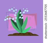 Lily of valley cartoon illustration. White flowers with green leaves. Spring flowers concept. Vector illustration can be used for topics like nature, plant, gardening