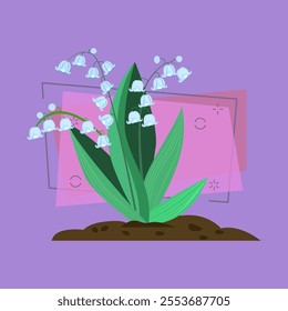 Lily of valley cartoon illustration. White flowers with green leaves. Spring flowers concept. Vector illustration can be used for topics like nature, plant, gardening