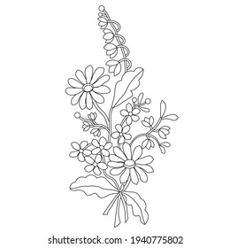Lily of the valley and chamomile, forget-me-not for coloring, twigs, leaves, stylized, hand-drawn, black line on white background, use for coloring, print on fabric