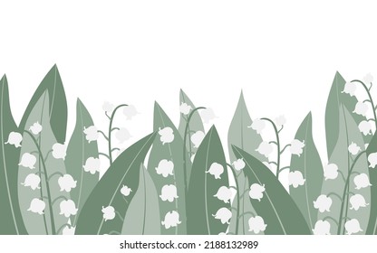 Lily of the valley. convallaria majalis. Spring flowers and lush foliage on a white horizontal background with copy space. Vector.