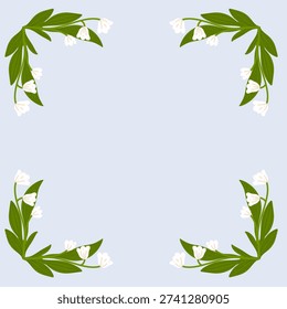 Lily of the valley corner frame with green leaves and white blooms, soft spring vector style on light blue background. For cards, invitations, posters and stationery.