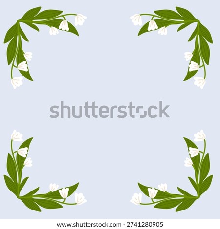 Lily of the valley corner frame with green leaves and white blooms, soft spring vector style on light blue background. For cards, invitations, posters and stationery.