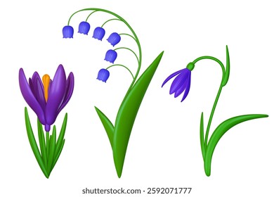 Lily of valley, crocus, snowdrop with violet buds in 3d vector style. Set realistic botanical elements. Collection spring flowers illustration.